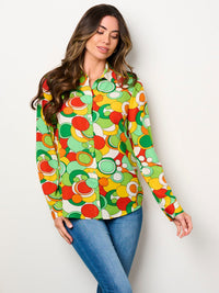 WOMEN'S LONG SLEEVE BUTTON UP MULTI PRINT BLOUSE TOP