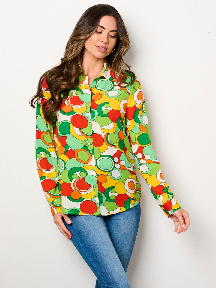 WOMEN'S LONG SLEEVE BUTTON UP MULTI PRINT BLOUSE TOP