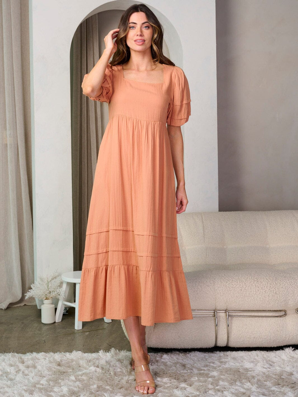 WOMEN'S SHORT PUFF SLEEVE POCKETS SQUARE NECK TIERED MAXI DRESS