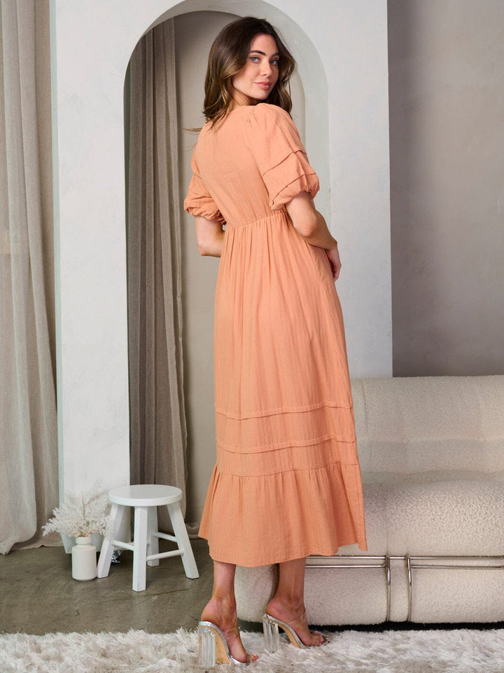 WOMEN'S SHORT PUFF SLEEVE POCKETS SQUARE NECK TIERED MAXI DRESS