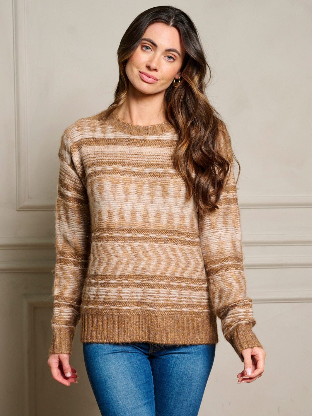 WOMEN'S LONG SLEEVE COLORBLOCK STRIPES PULLOVER SWEATER