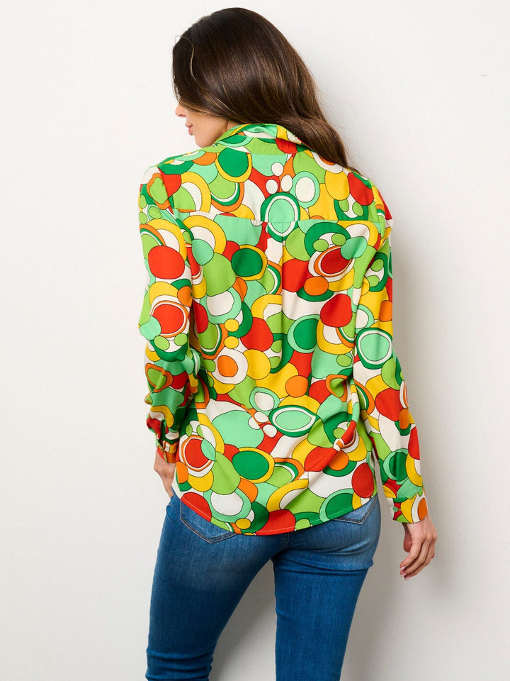 WOMEN'S LONG SLEEVE BUTTON UP MULTI PRINT BLOUSE TOP