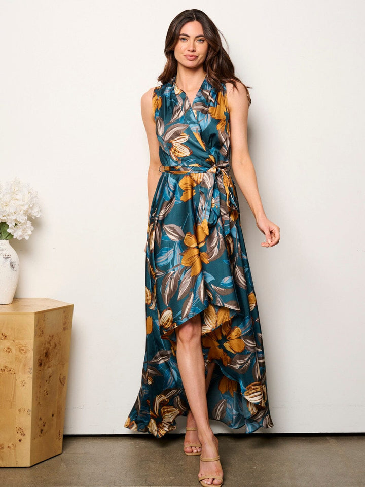 WOMEN'S SLEEVELESS SURPLICE FLORAL HIGH-LOW MAXI DRESS