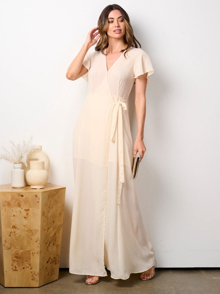 WOMEN'S SHORT RUFFLE SLEEVE SELF TIE WRAP MAXI DRESS