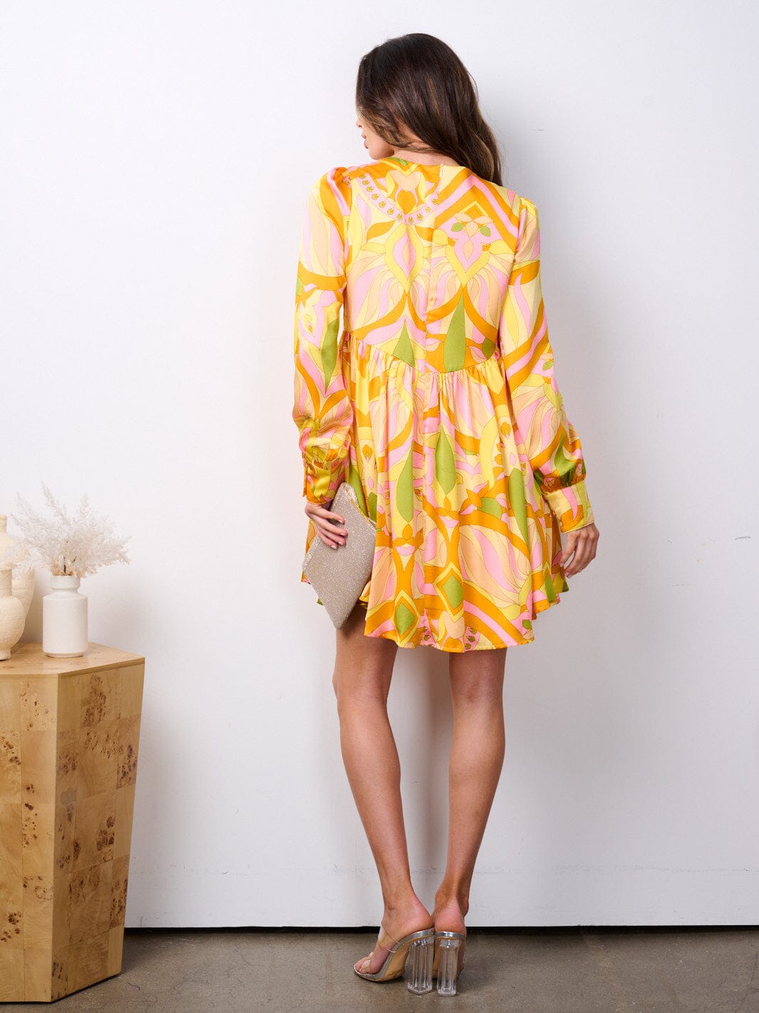 WOMEN'S LONG SLEEVE POCKETS MULTI PRINT TUNIC MINI DRESS
