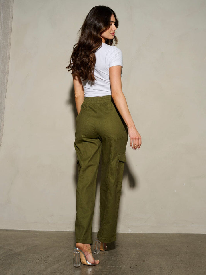 WOMEN'S ELASTIC WAIST CARGO POCKETS WIDE LEG PANTS