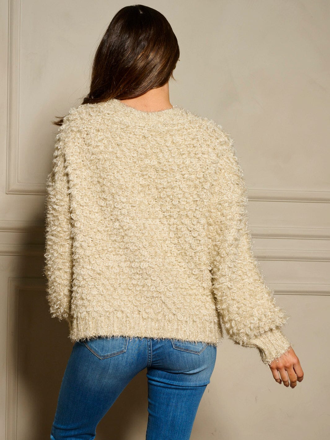 WOMEN'S LONG SLEEVE BUTTON CLOSURE FRONT POCKETS SHIMMER SHERPA SWEATER