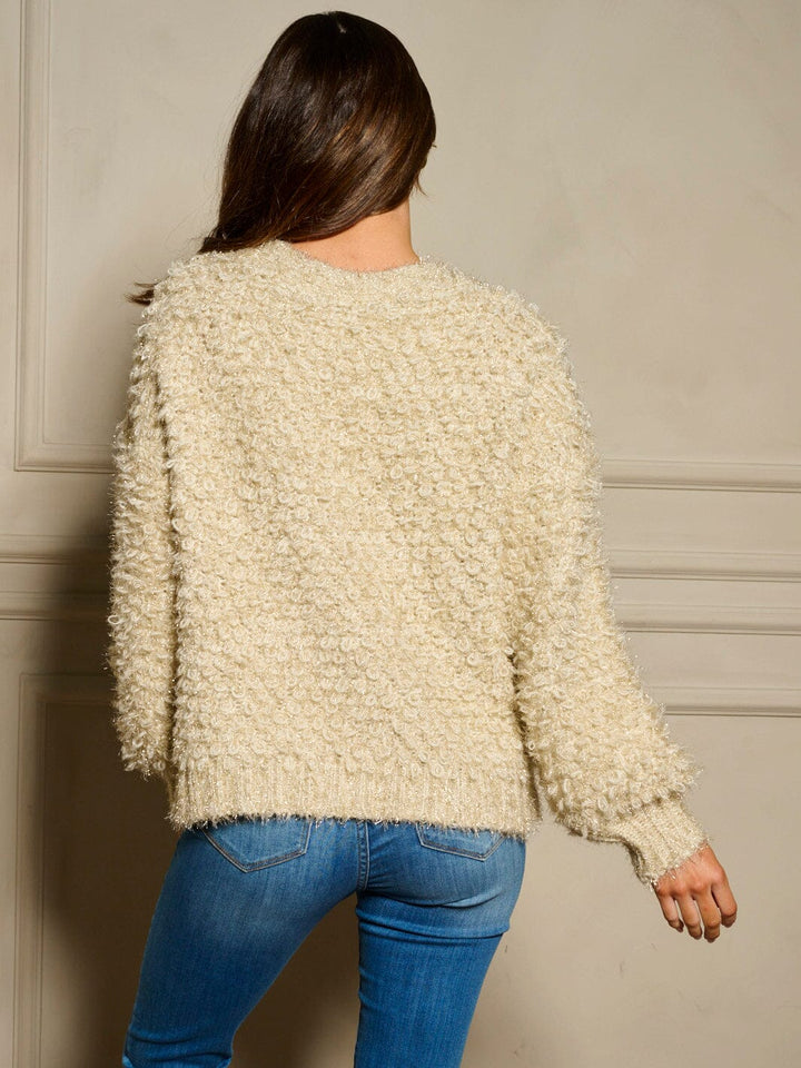 WOMEN'S LONG SLEEVE BUTTON CLOSURE FRONT POCKETS SHIMMER SHERPA SWEATER