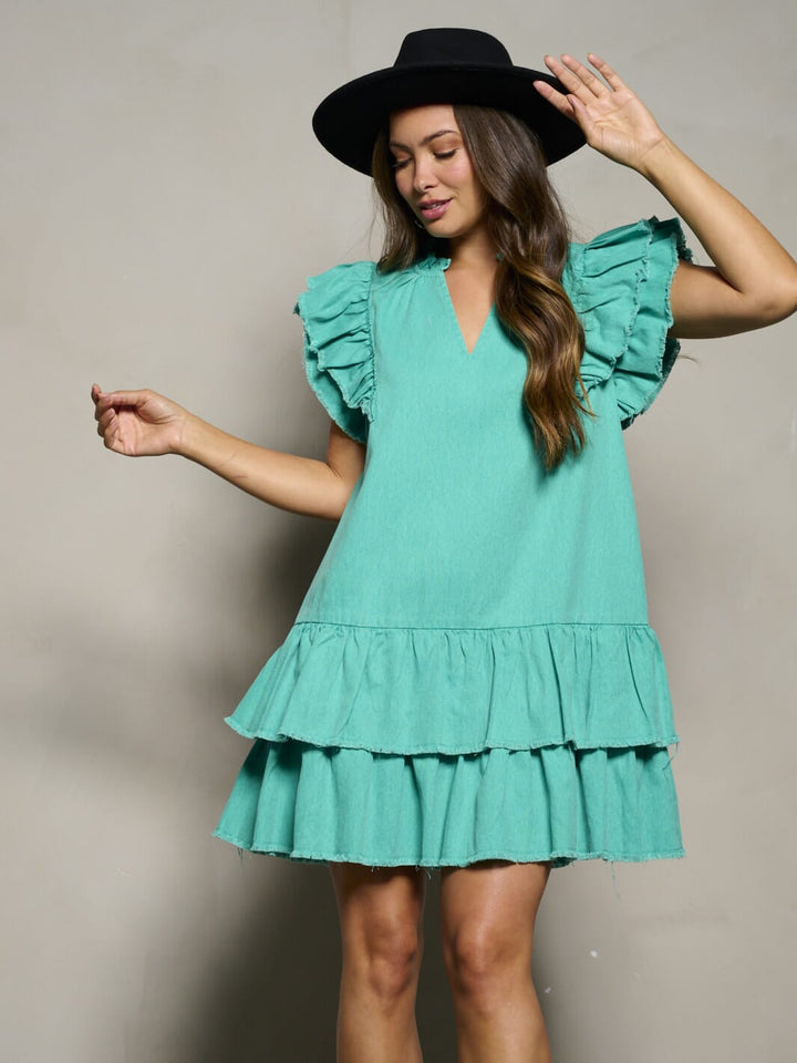 WOMEN'S SHORT RUFFLE SLEEVE V-NECK TIERED TUNIC MINI DRESS