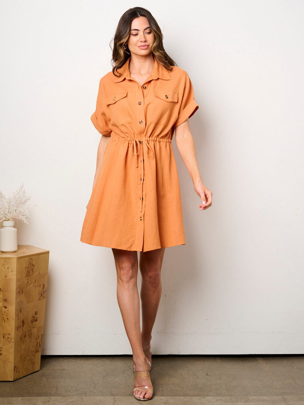 WOMEN'S SHORT SLEEVE BUTTON UP POCKETS FIT & FLARE MINI DRESS
