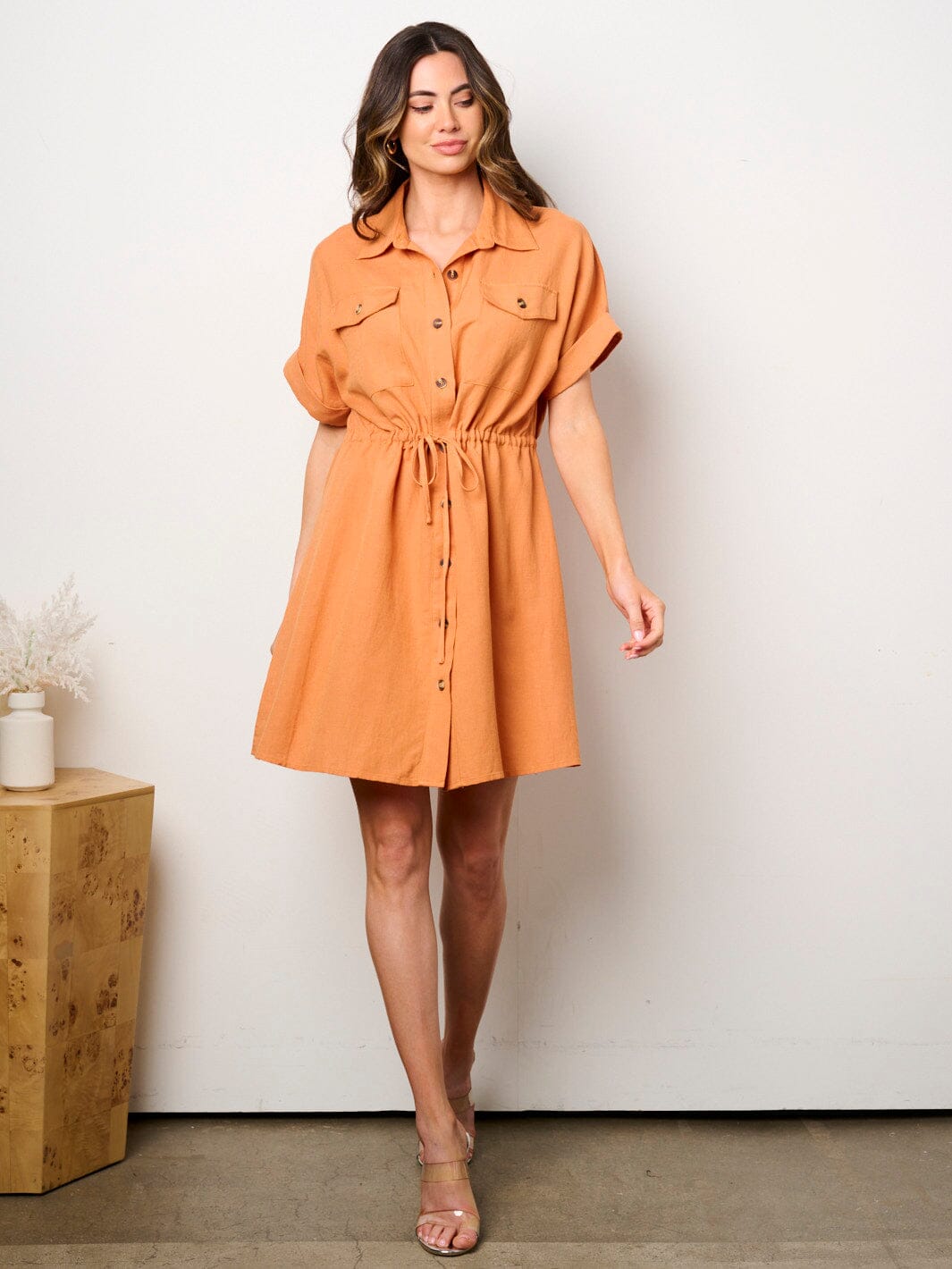 WOMEN'S SHORT SLEEVE BUTTON UP POCKETS FIT & FLARE MINI DRESS