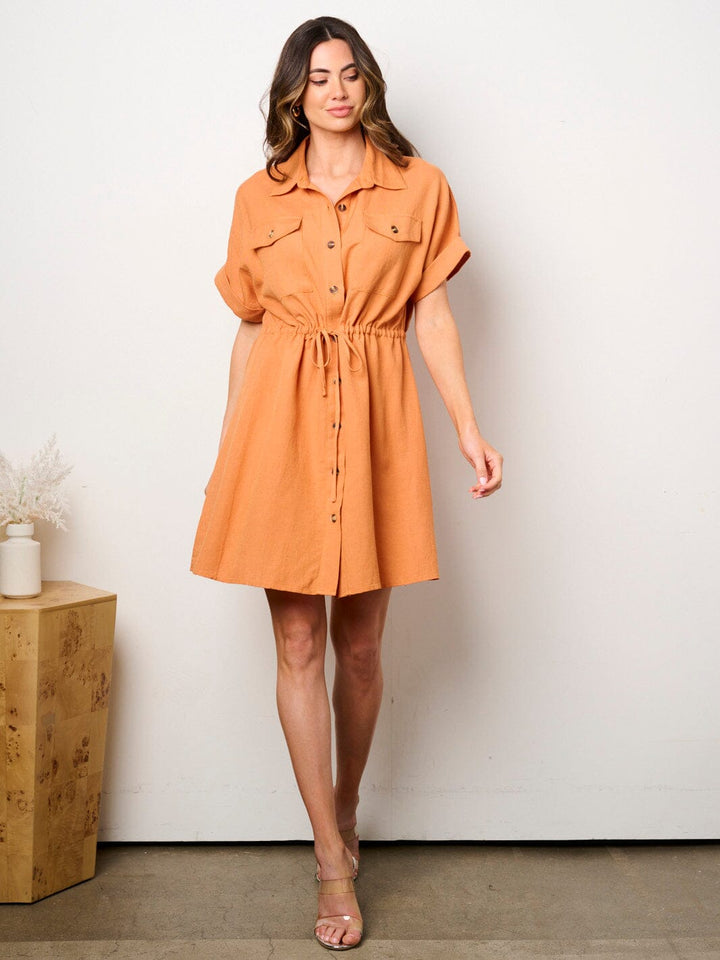 WOMEN'S SHORT SLEEVE BUTTON UP POCKETS FIT & FLARE MINI DRESS