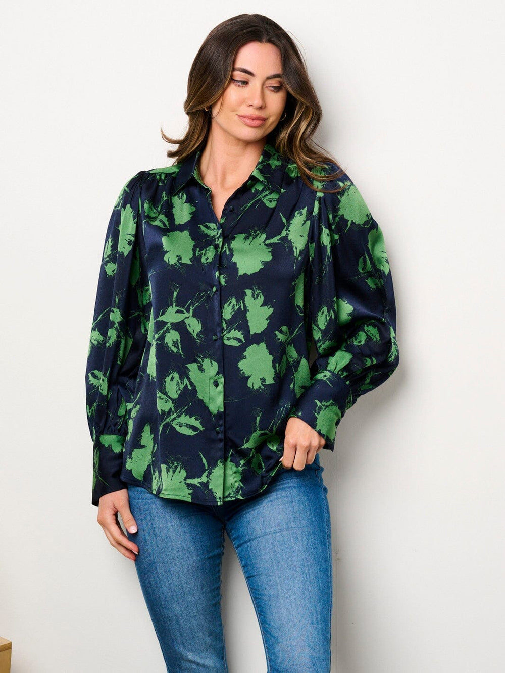 WOMEN'S LONG SLEEVE BUTTON UP PRINTED BLOUSE TOP