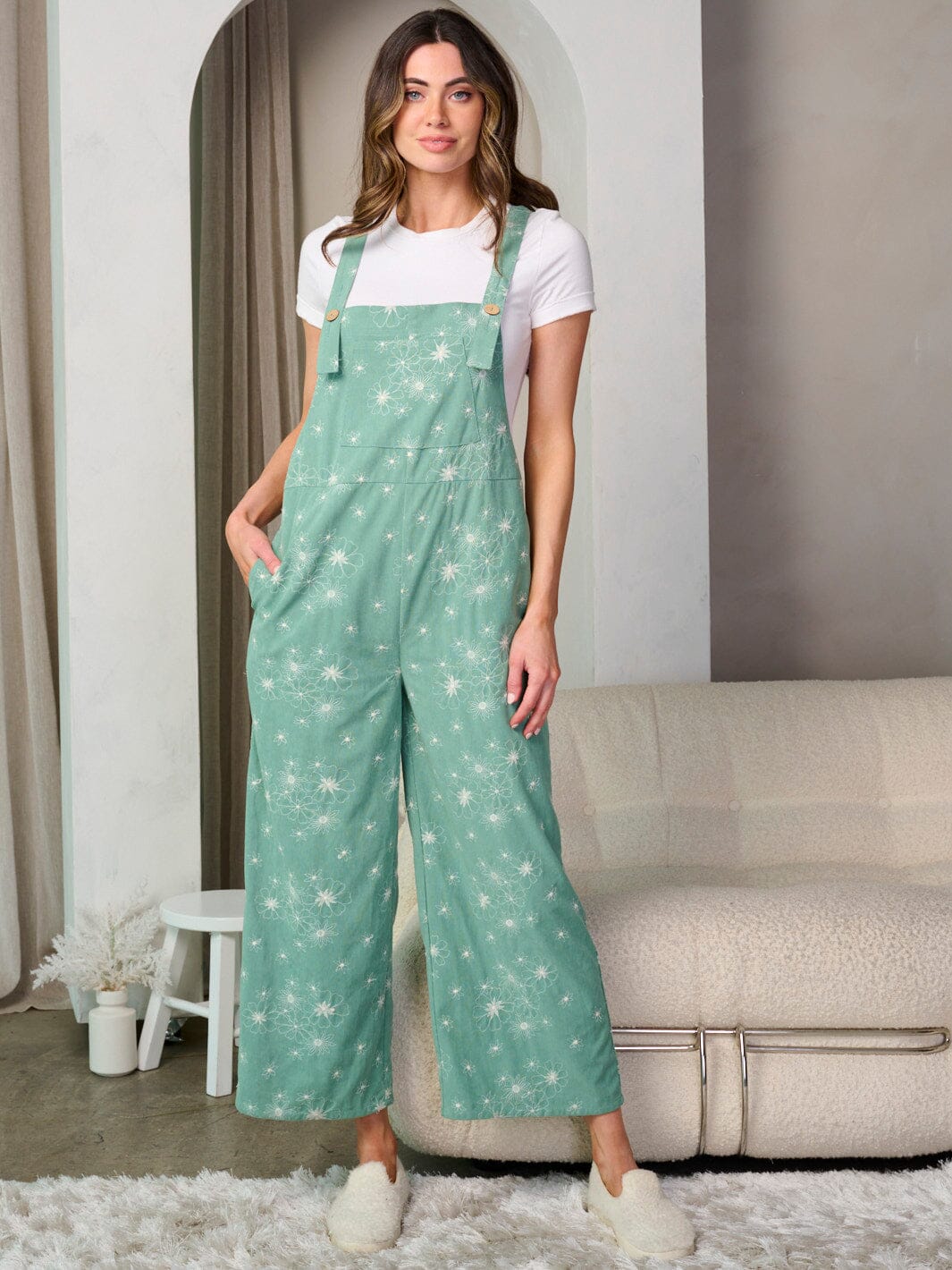 WOMEN'S SLEEVELESS POCKETS WIDE LEG FLORAL OVERALL