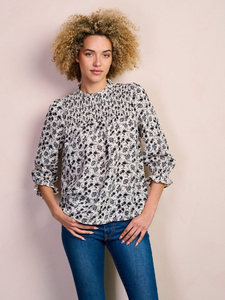WOMEN'S 3/4 SLEEVE SMOCK MOCK NECK FLORAL BLOUSE TOP
