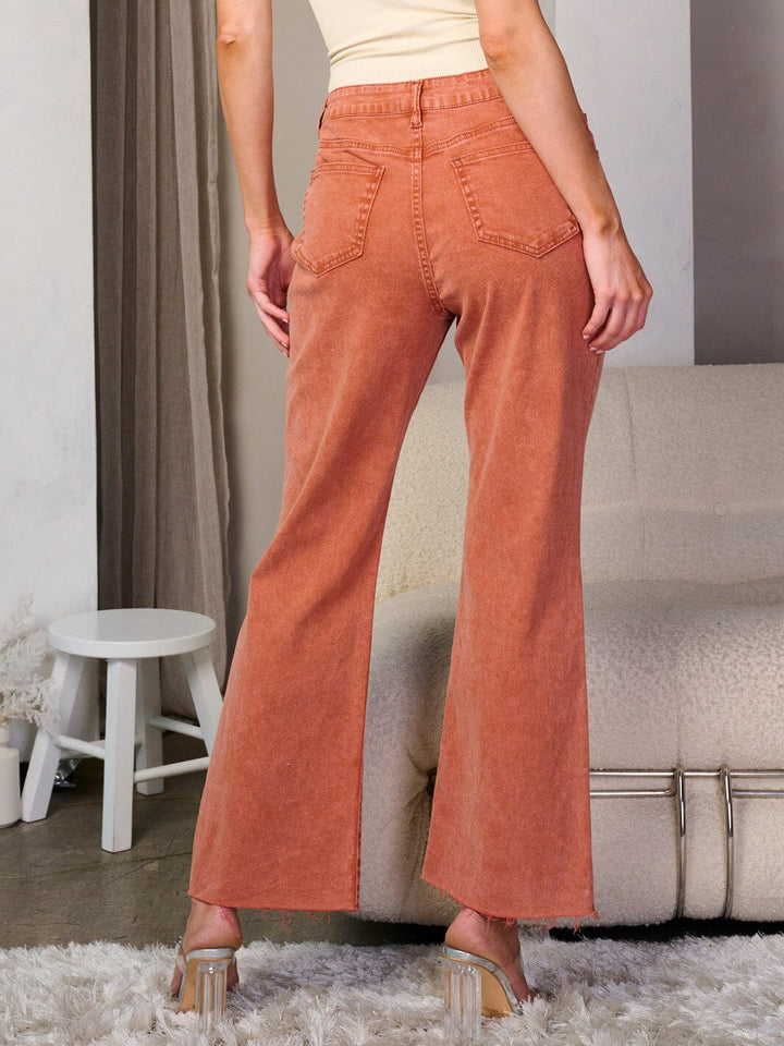 WOMEN'S BUTTON CLOSURE WIDE LEG POCKETS WASHED DENIM PANTS