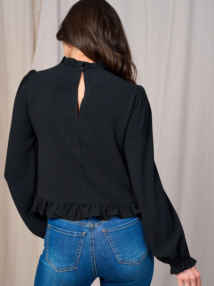 WOMEN'S LONG SLEEVE MOCK NECK RUFFLE BOTTOM HEM BLOUSE