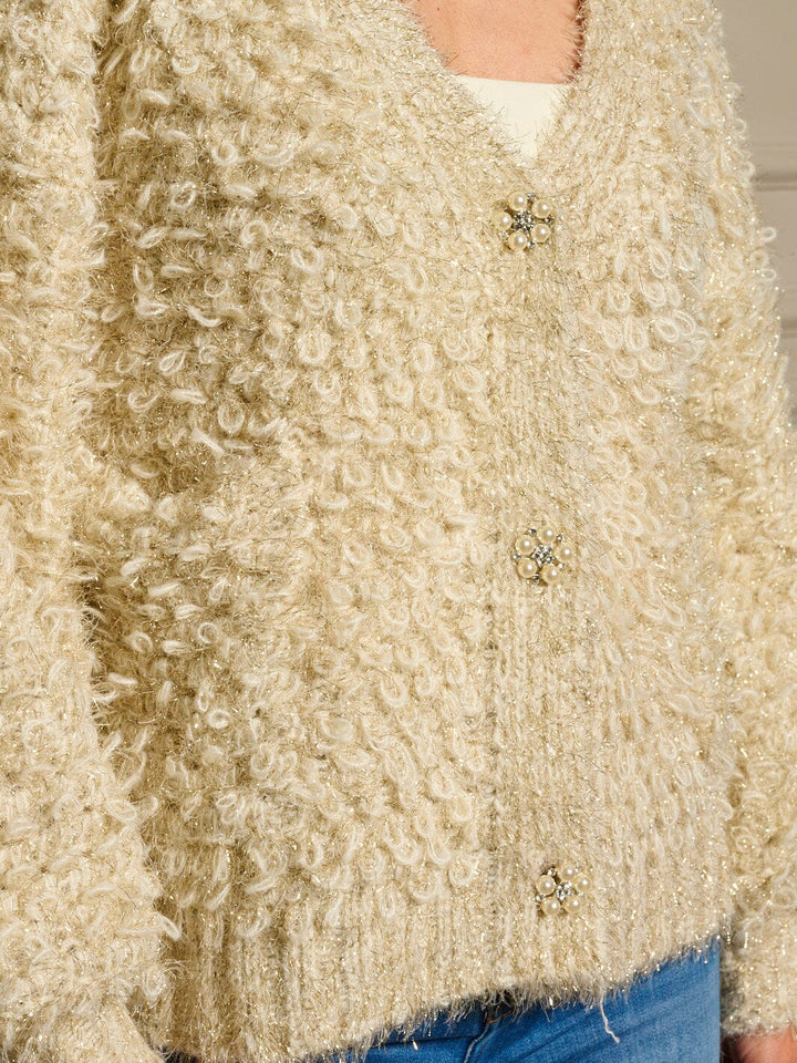 WOMEN'S LONG SLEEVE BUTTON CLOSURE FRONT POCKETS SHIMMER SHERPA SWEATER