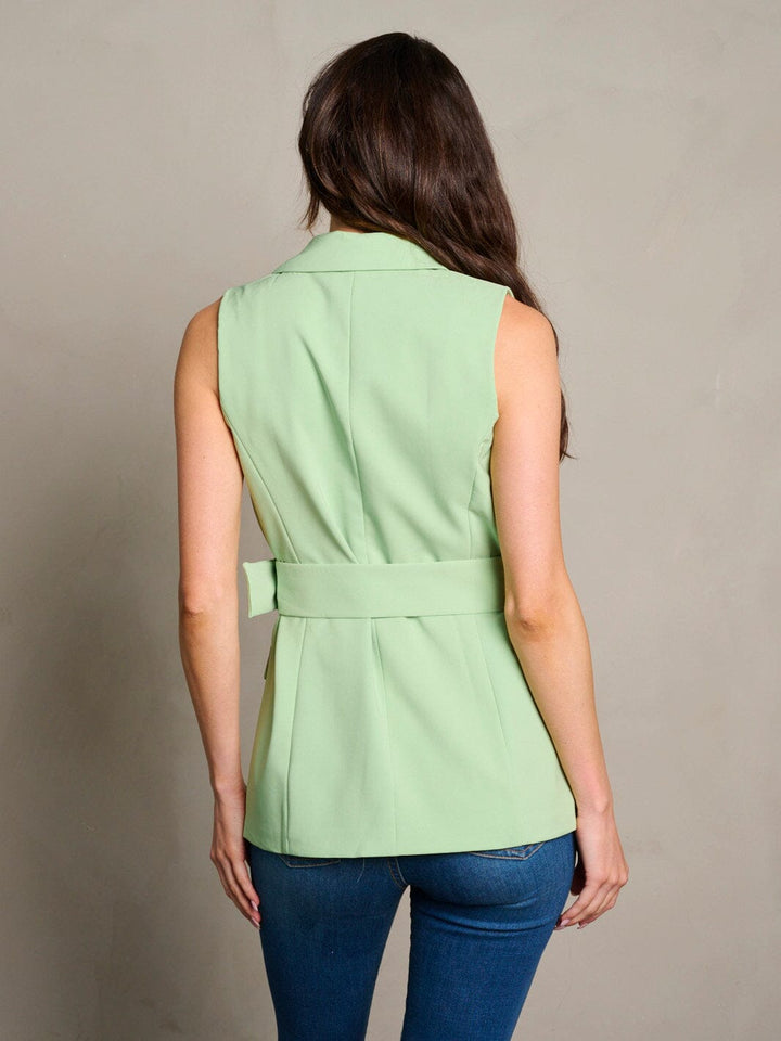 WOMEN'S SLEEVELESS BUTTON CLOSURE BELTED VEST
