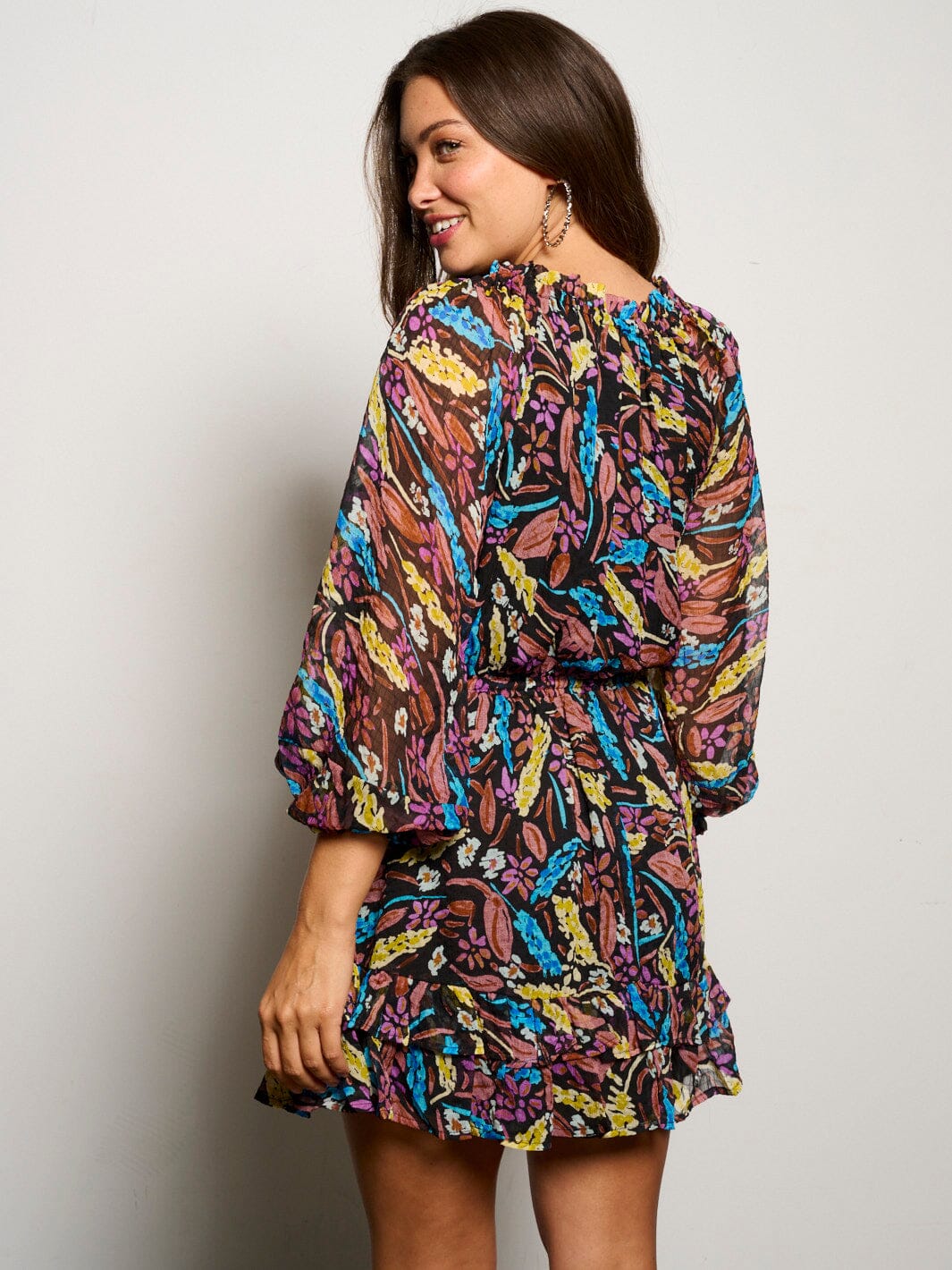 WOMEN'S LONG SLEEVE DETAILED MULTI PRINT MINI DRESS