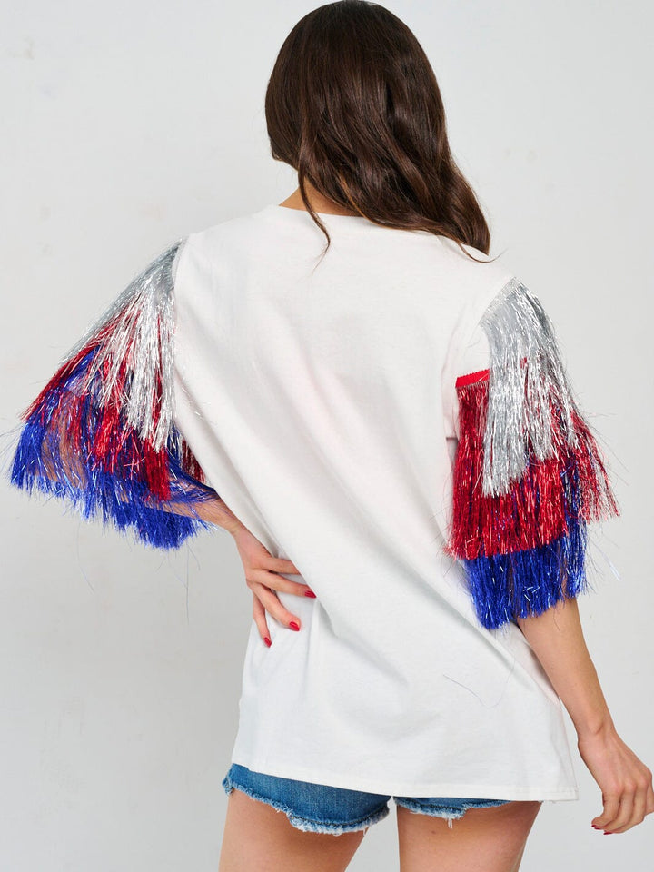 WOMEN'S SHORT FRINGE SLEEVE HIGH-LOW PATRIOTIC SHIRT