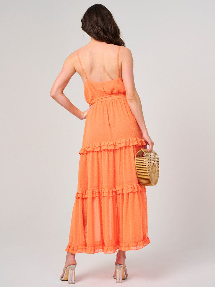 WOMEN'S SLEEVELESS SURPLICE SWISS DOT TIERED MAXI DRESS