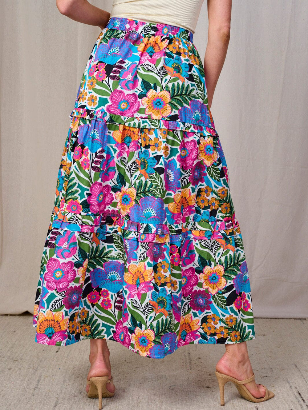 WOMEN'S ELASTIC WAIST FRONT POCKETS TIERED FLORAL MAXI SKIRT