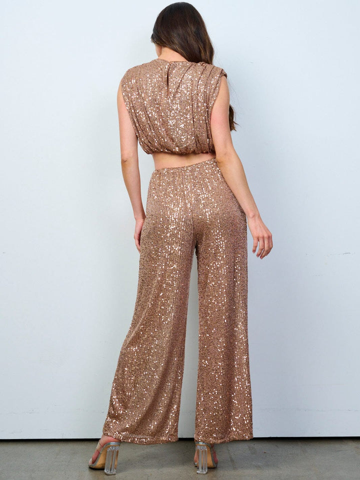 WOMEN'S ELASTIC WAIST FRONT POCKET WIDE LEG SEQUINS PANTS