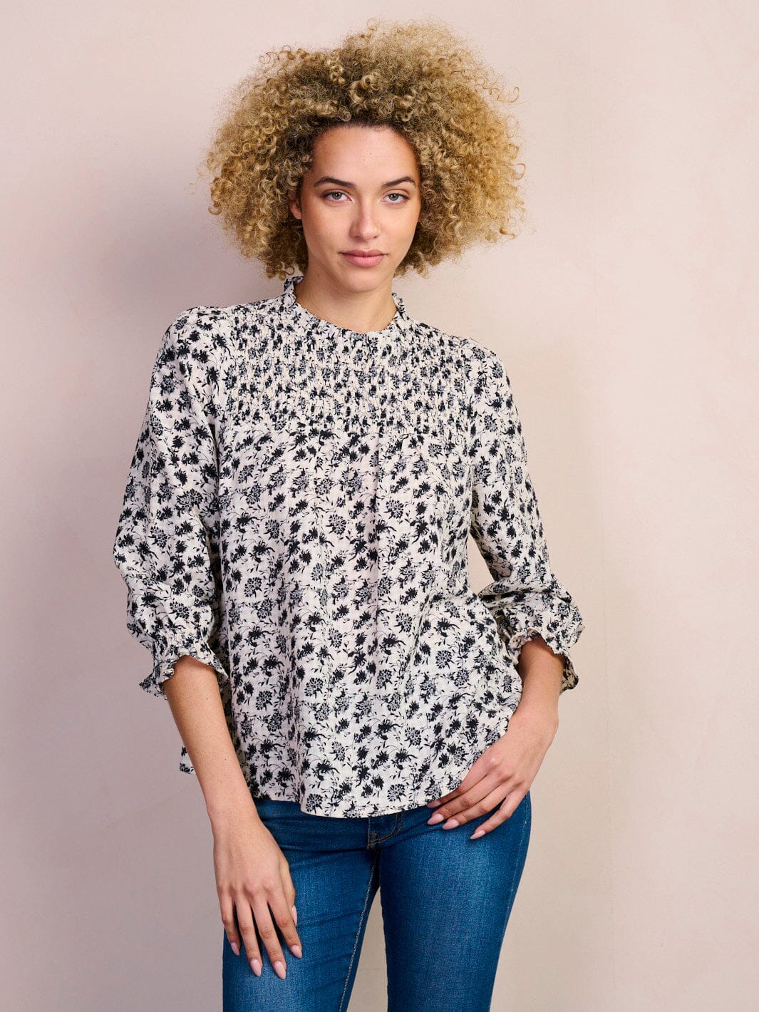 WOMEN'S 3/4 SLEEVE SMOCK MOCK NECK FLORAL BLOUSE ...