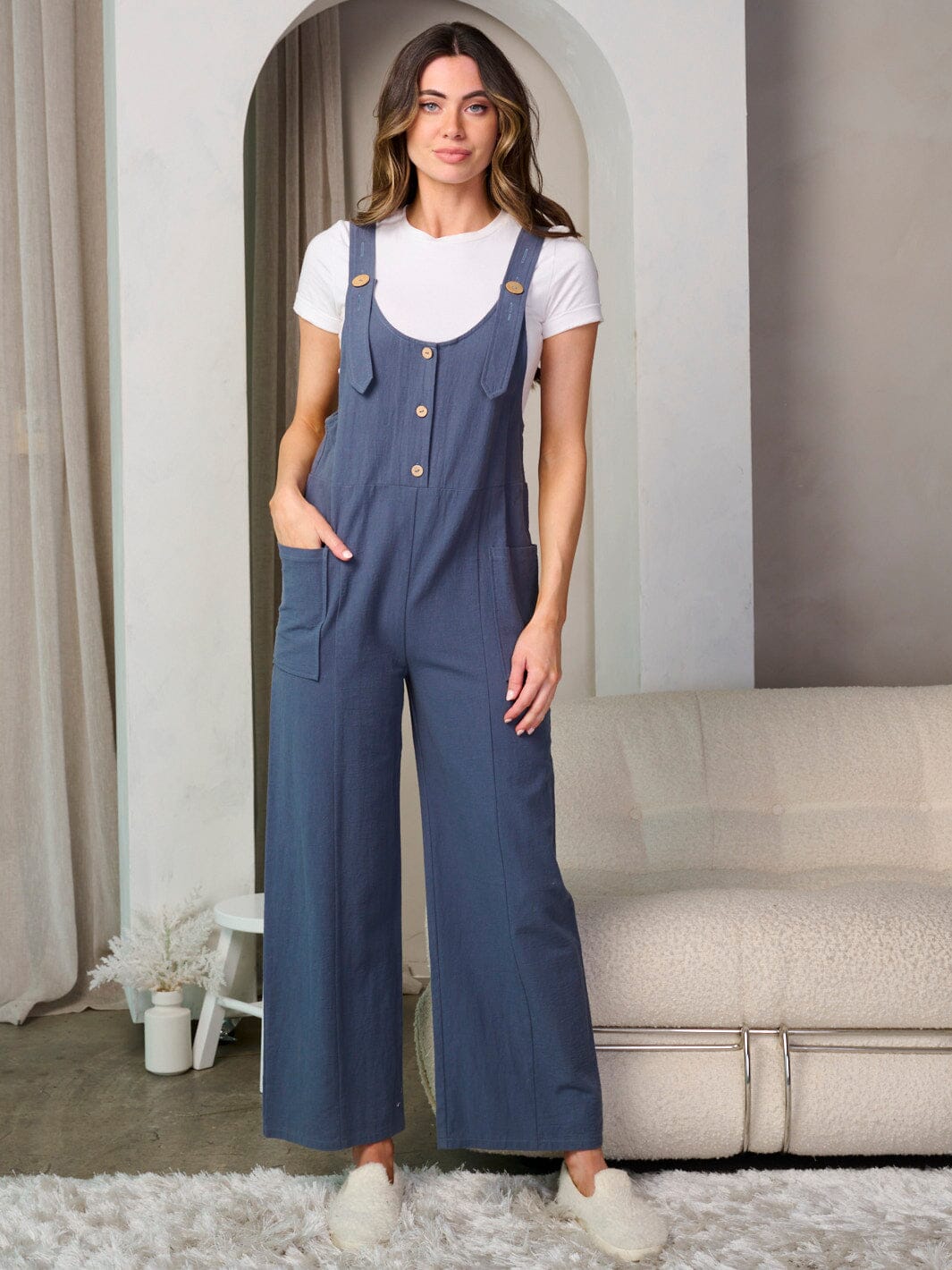 WOMEN'S SLEEVELESS BUTTON UP POCKETS WIDE LEG OVERALL