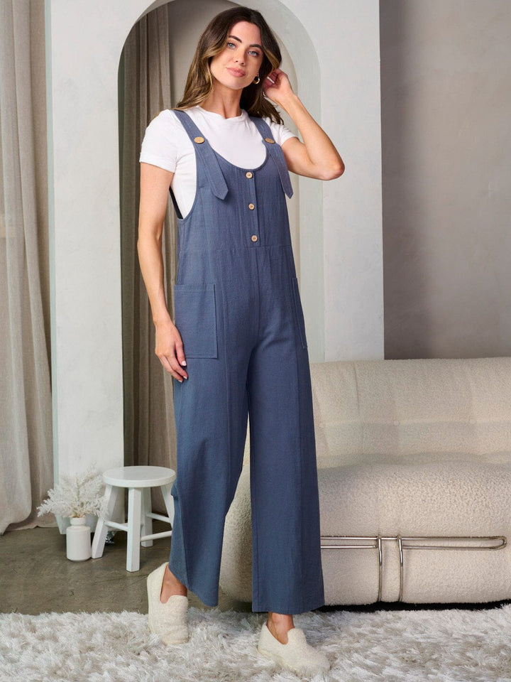 WOMEN'S SLEEVELESS BUTTON UP POCKETS WIDE LEG OVERALL