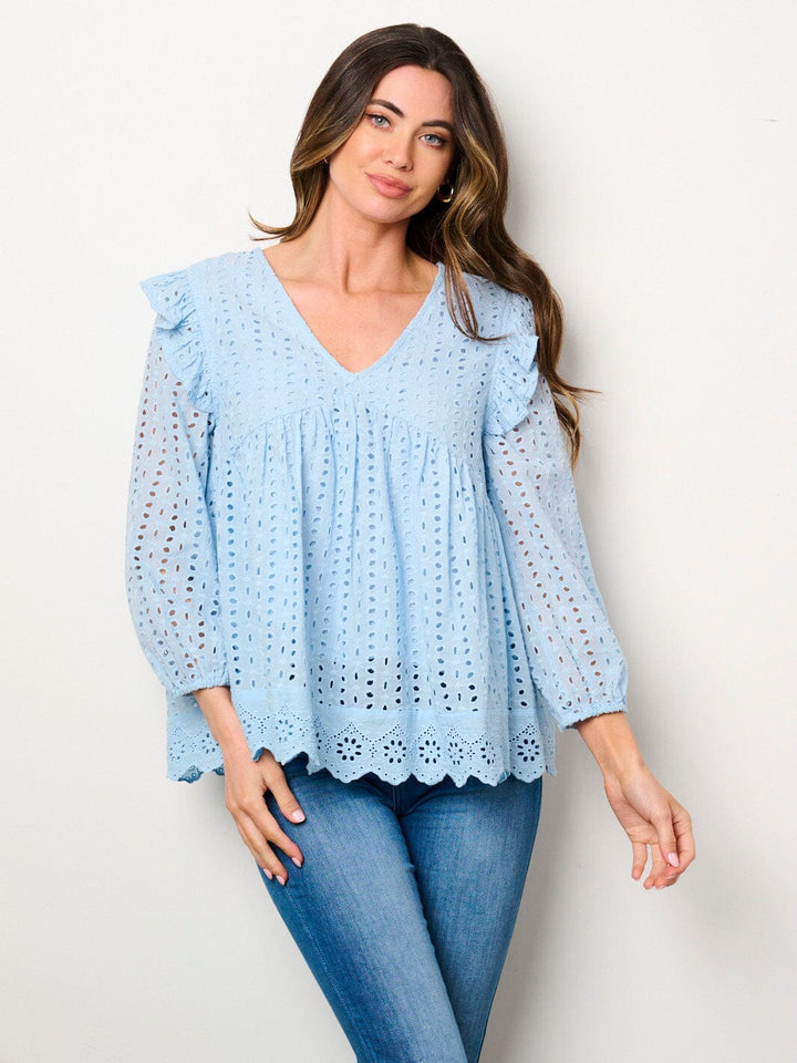 WOMEN'S LONG SLEEVE V-NECK RUFFLE EYELET BLOUSE TOP
