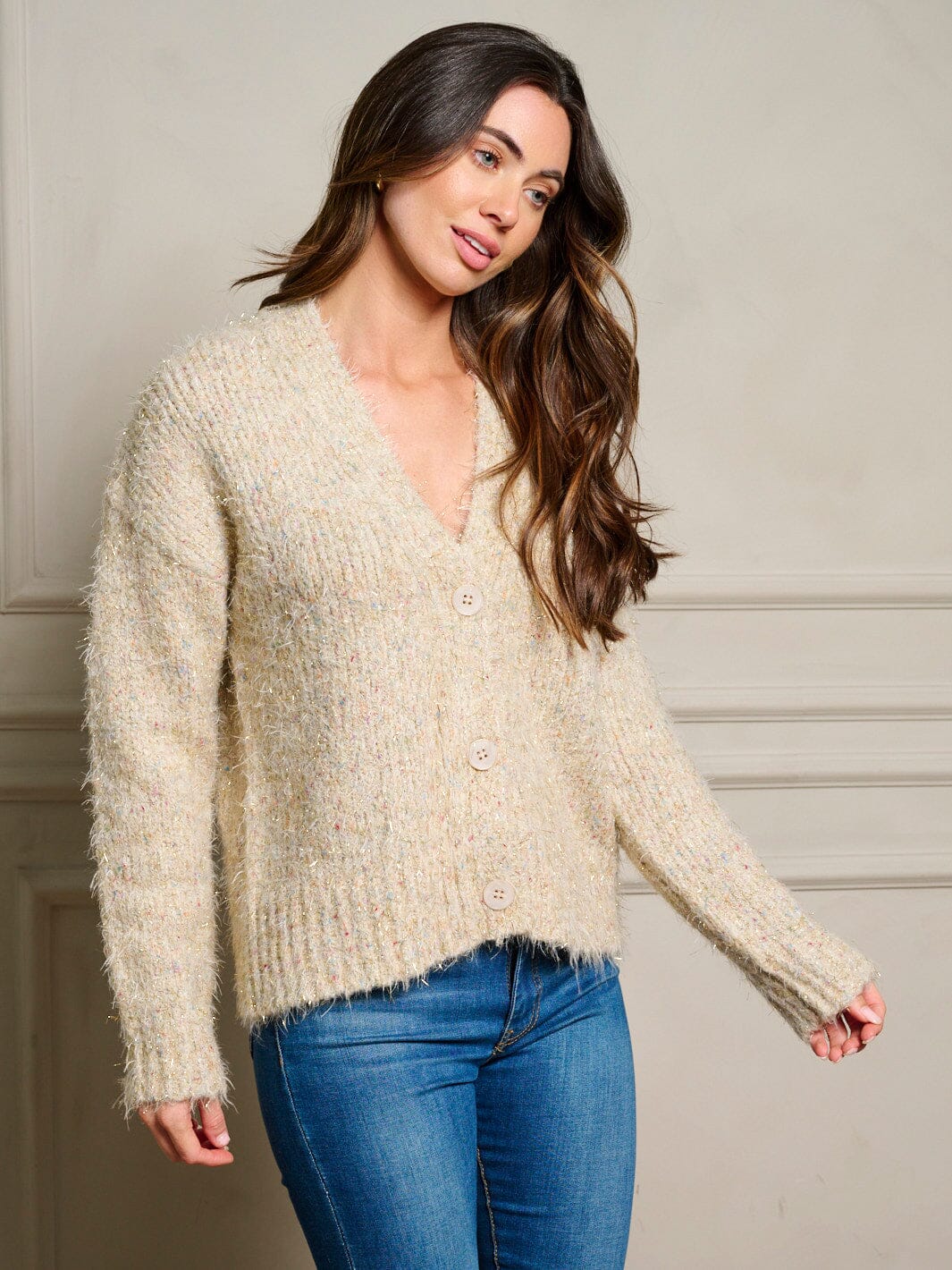 WOMEN'S LONG SLEEVE BUTTON UP SHIMMER MULTI SWEATER CARDIGAN