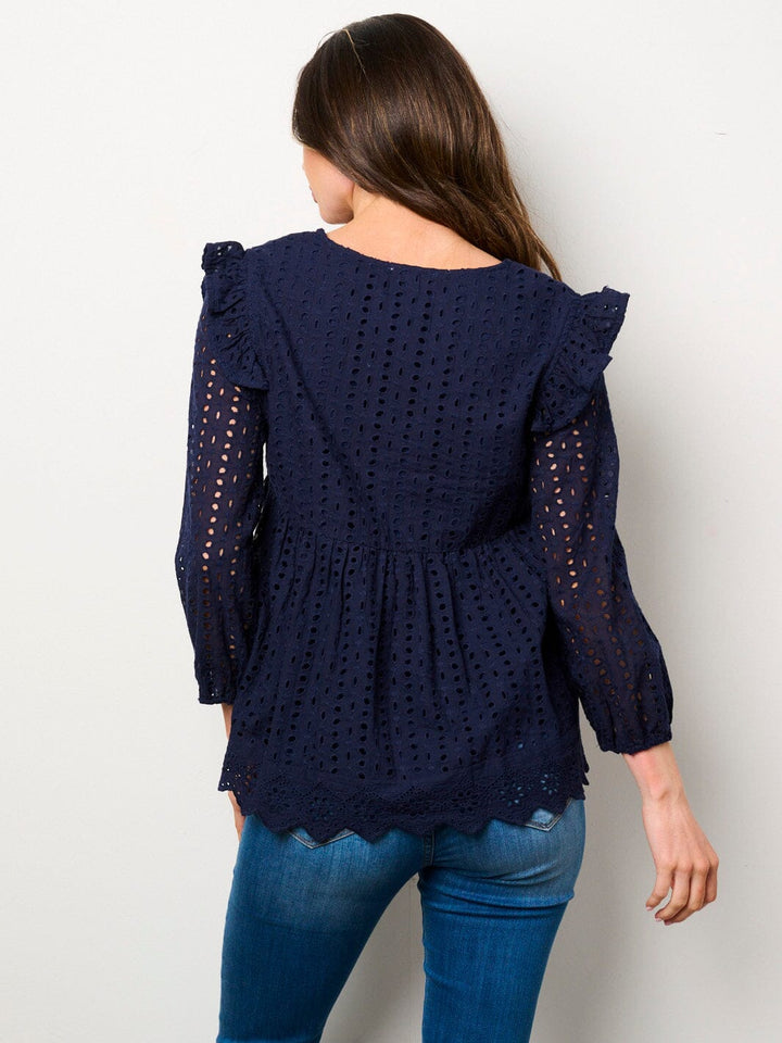 WOMEN'S LONG SLEEVE V-NECK RUFFLE EYELET BLOUSE TOP