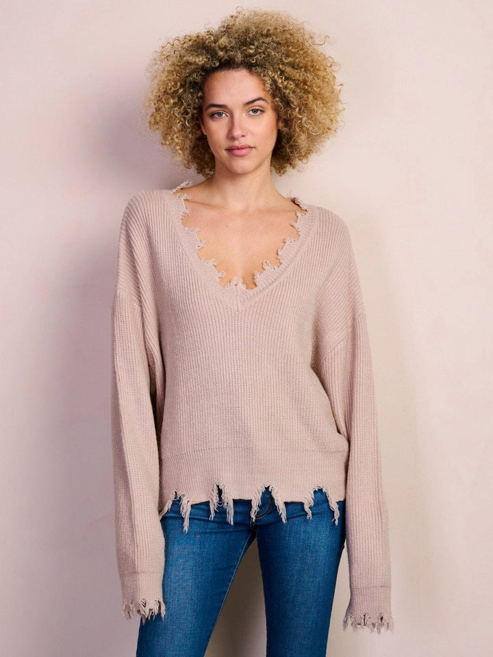 WOMEN'S LONG SLEEVE V-NECK TRIM DETAILED SWEATER