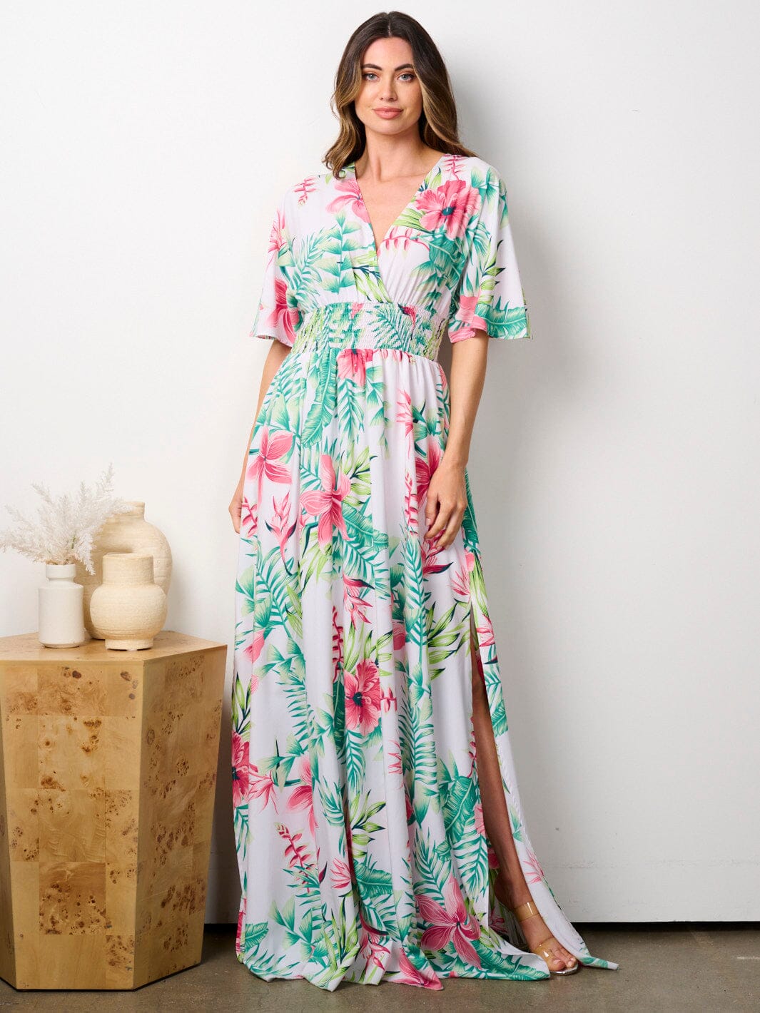 WOMEN'S SHORT SLEEVE SURPLICE SMOCK WAIST FLORAL MAXI DRESS
