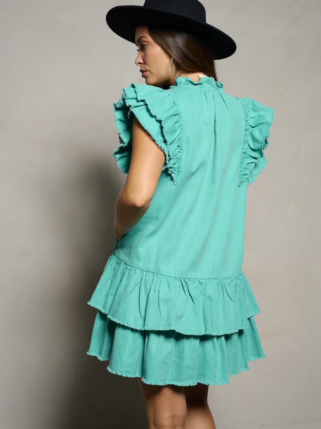 WOMEN'S SHORT RUFFLE SLEEVE V-NECK TIERED TUNIC MINI DRESS
