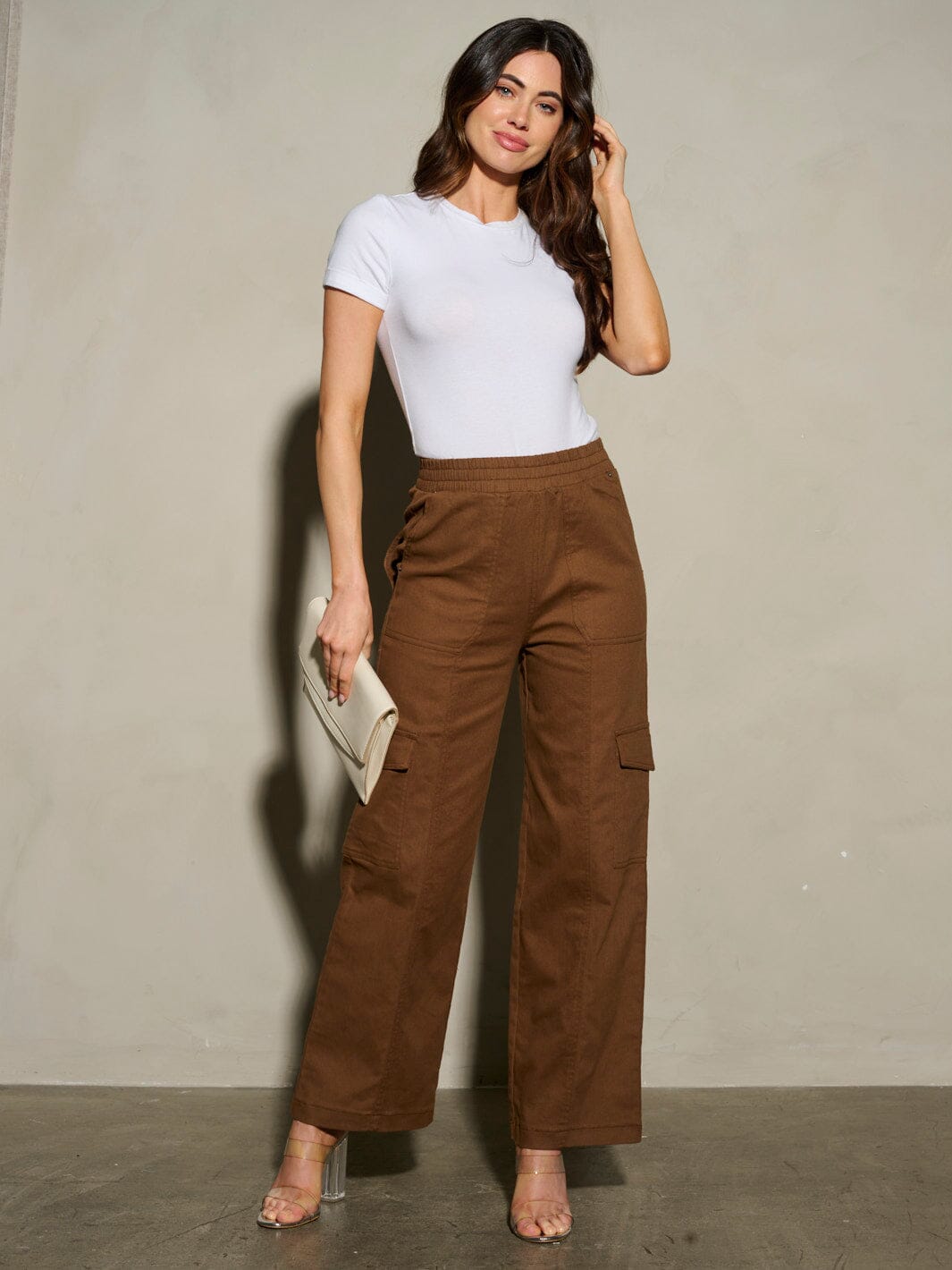 WOMEN'S ELASTIC WAIST CARGO POCKETS WIDE LEG PANTS