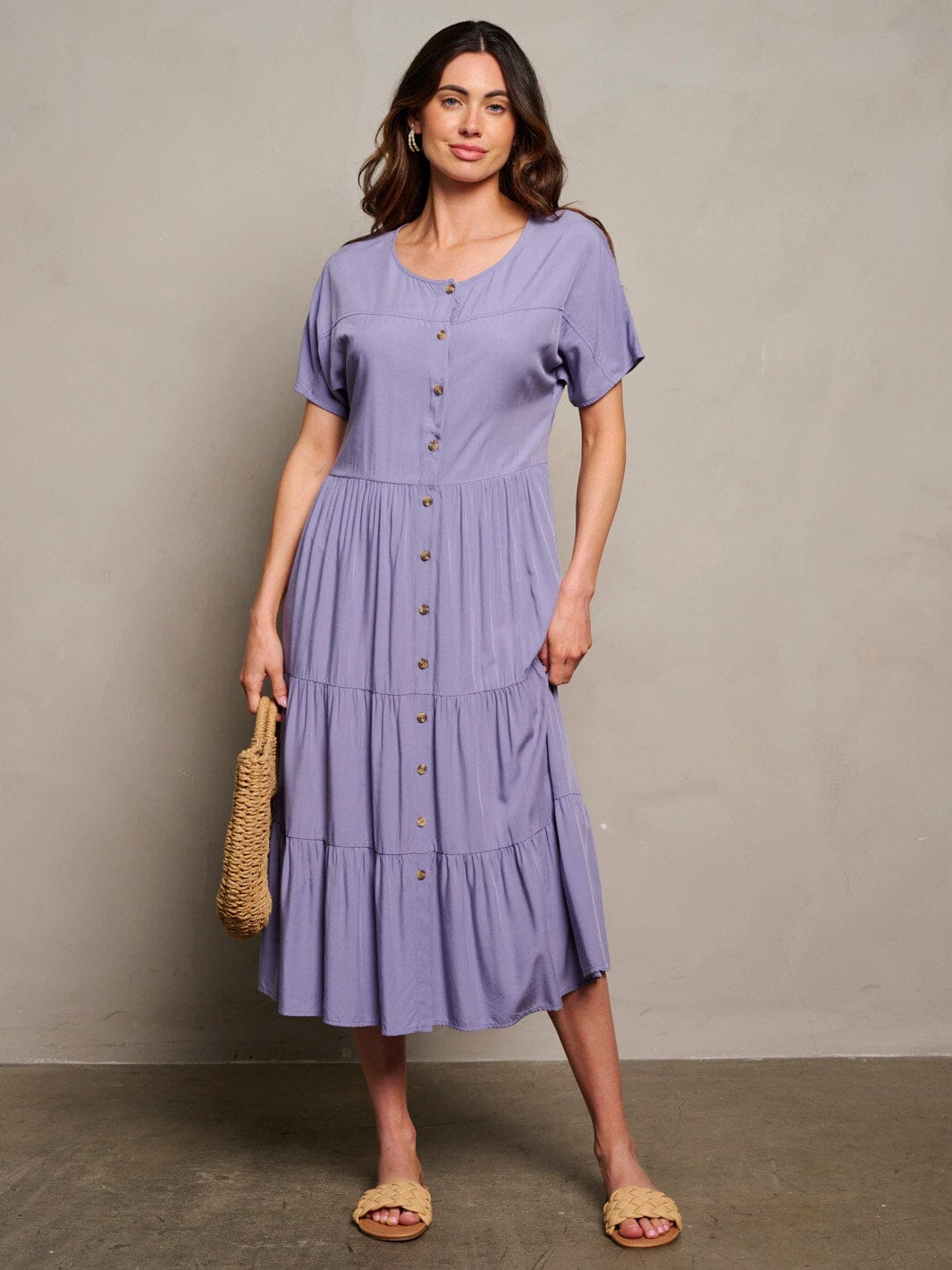 WOMEN'S SHORT SLEEVE TIERED BUTTON UP MAXI DRESS