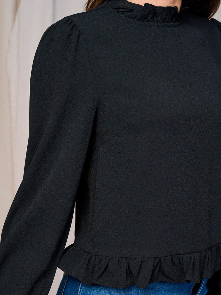 WOMEN'S LONG SLEEVE MOCK NECK RUFFLE BOTTOM HEM BLOUSE