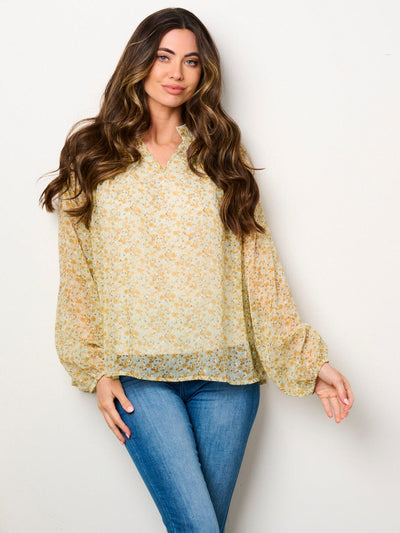 WOMEN'S LONG SLEEVE V-NECK RUFFLE FLORAL BLOUSE TOP