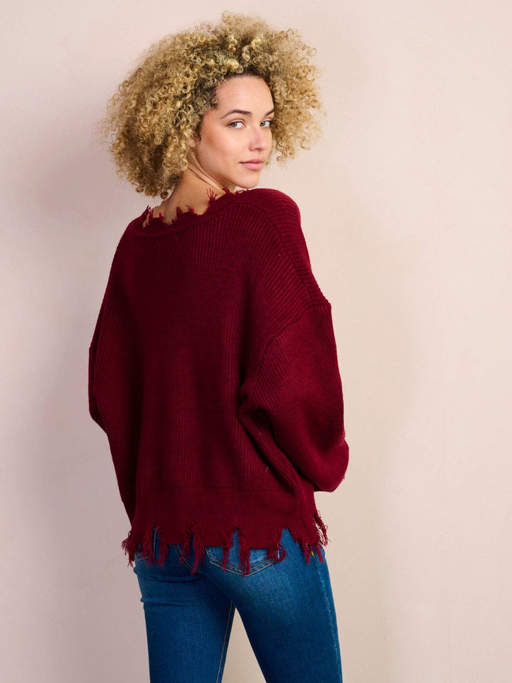 WOMEN'S LONG SLEEVE V-NECK TRIM DETAILED SWEATER