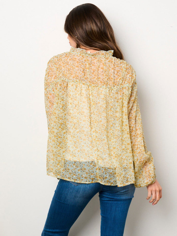 WOMEN'S LONG SLEEVE V-NECK RUFFLE FLORAL BLOUSE TOP