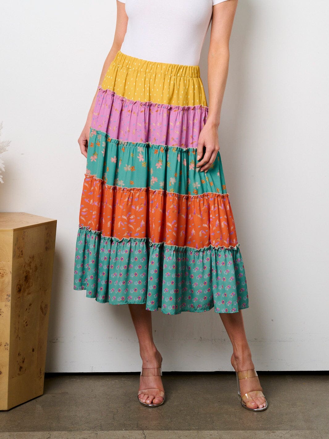 WOMEN'S ELASTIC WAIST TIERED COLORBLOCK MIDI SKIRT