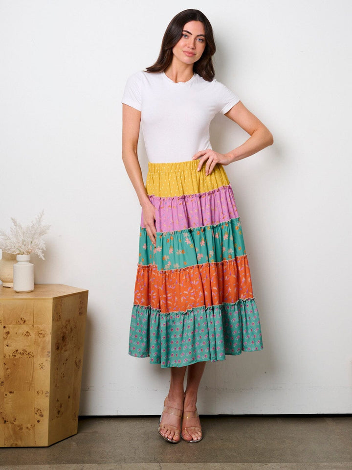 WOMEN'S ELASTIC WAIST TIERED COLORBLOCK MIDI SKIRT