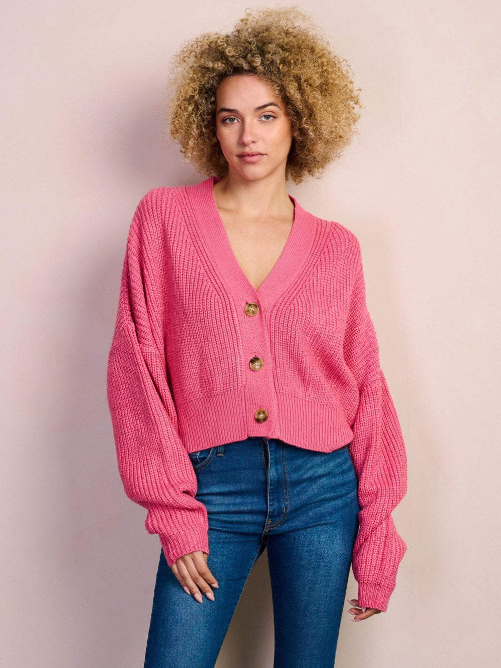 WOMEN'S LONG PUFF SLEEVE BUTTON CLOSURE KNIT CARDIGAN SWEATER