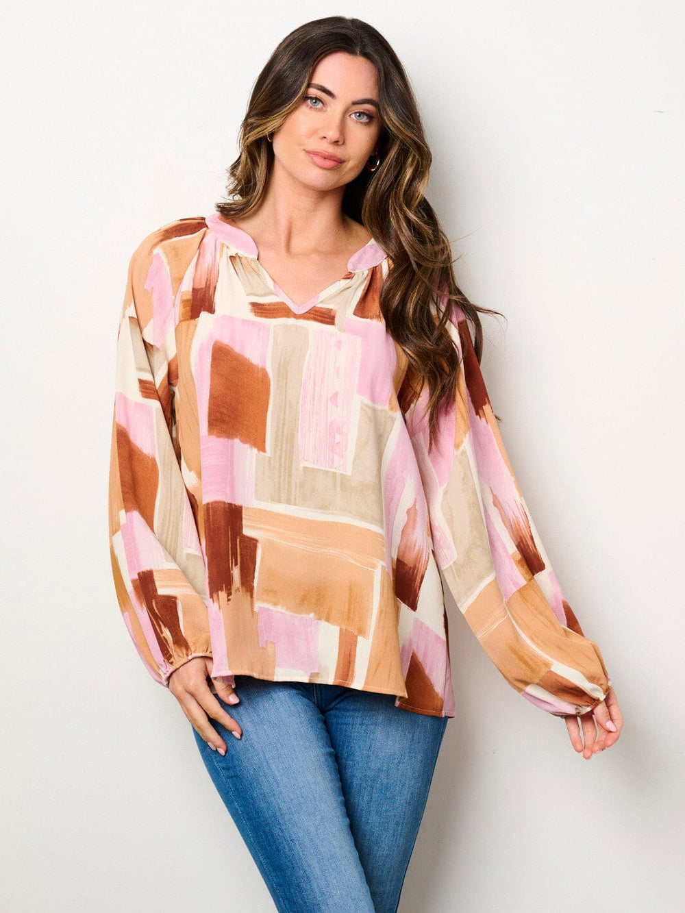 WOMEN'S LONG PUFF SLEEVE V-NECK MULTI PRINT BLOUSE TOP