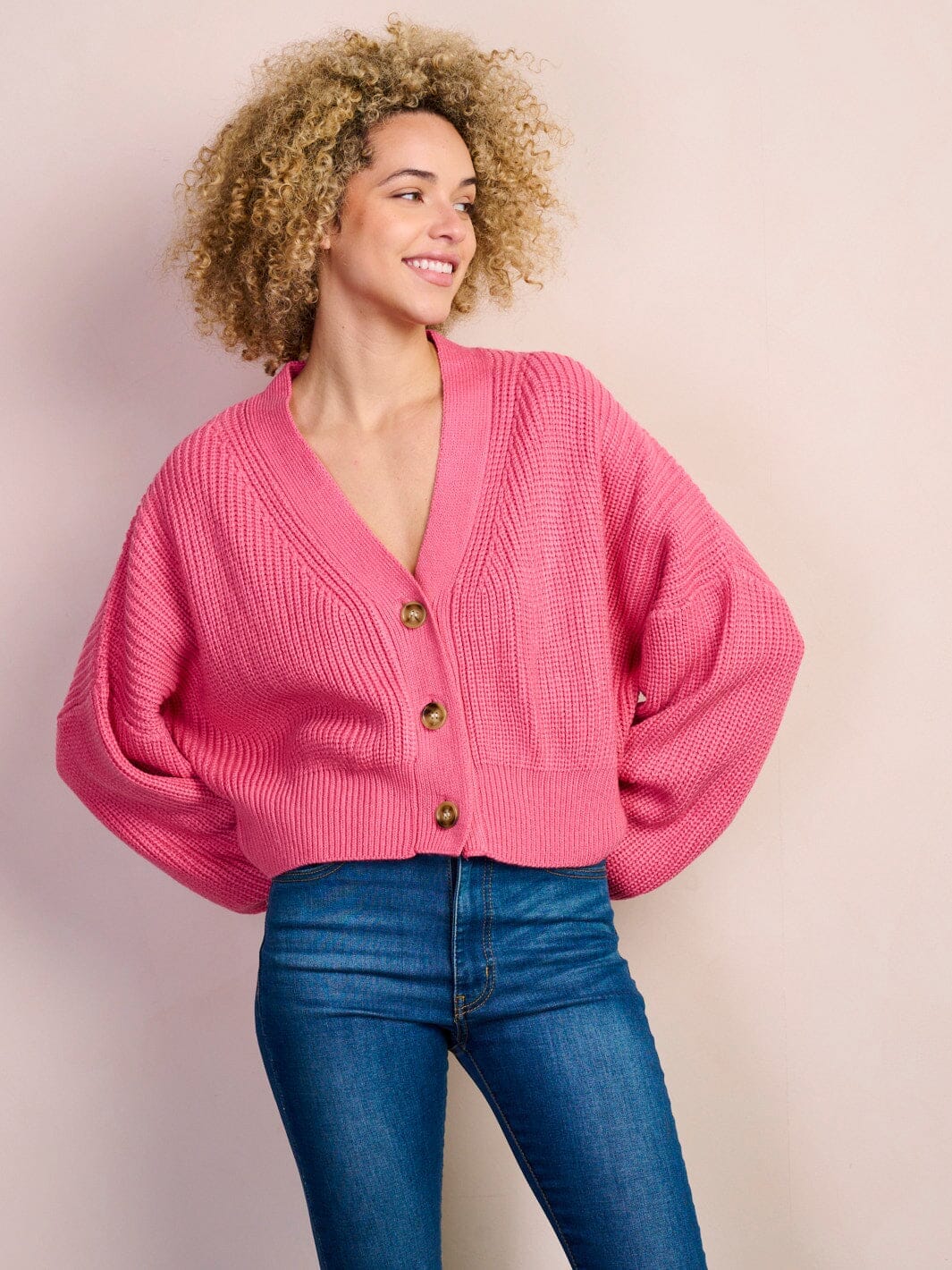 WOMEN'S LONG PUFF SLEEVE BUTTON CLOSURE KNIT CARDIGAN SWEATER