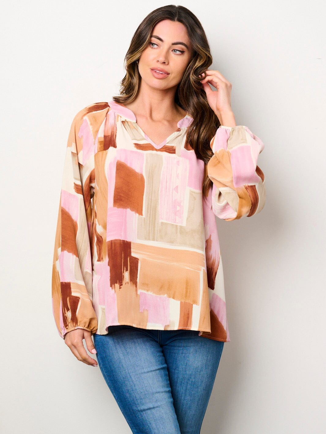 WOMEN'S LONG PUFF SLEEVE V-NECK MULTI PRINT BLOUSE TOP