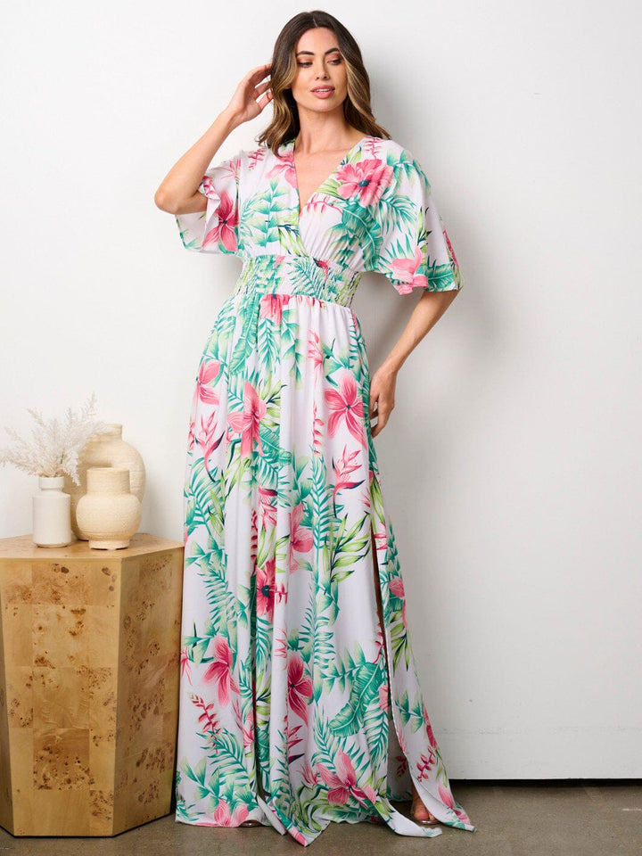 WOMEN'S SHORT SLEEVE SURPLICE SMOCK WAIST FLORAL MAXI DRESS
